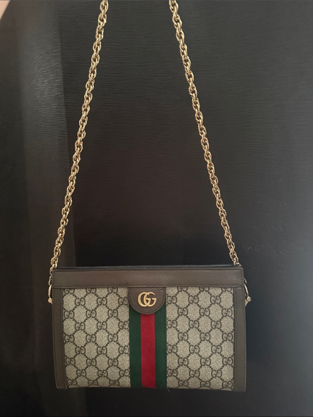 Gucci Brown/Beige GG Supreme Crossbody with Red & Green Stripe